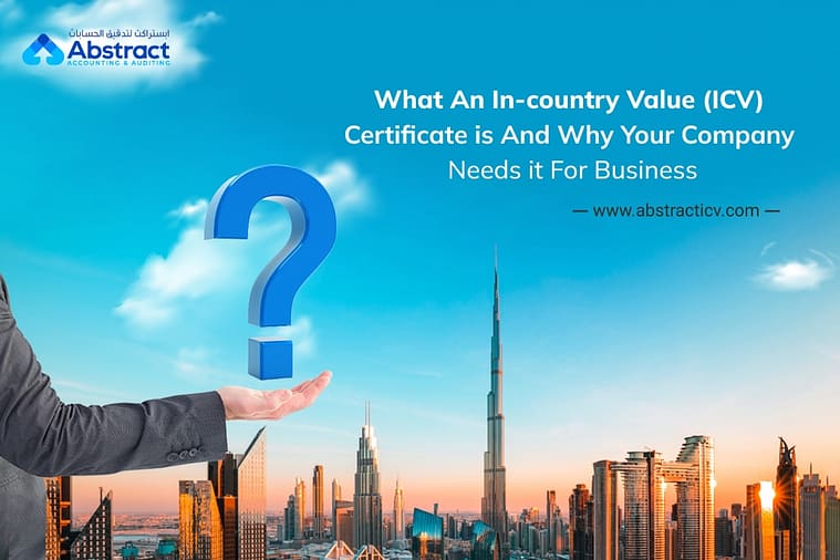 An arm extended with an open palm and a question mark above it against the backdrop of a cityscape with skyscrapers. Text: "What an ICV Certificate is And Why Your Company Needs it For Business" and the website www.abstracticv.com. Abstract Accounting & Auditing logo in the top left.